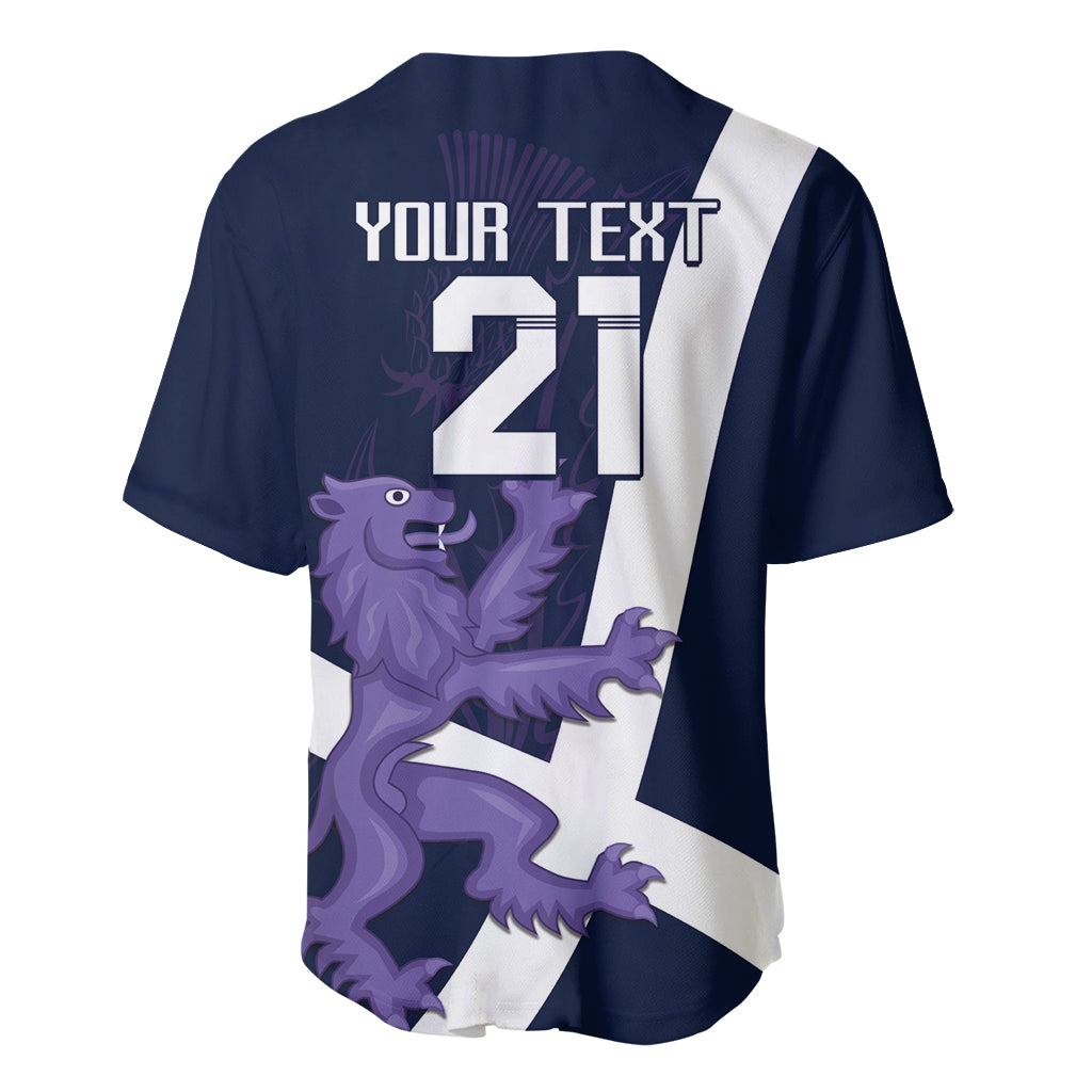 Navy rugby baseball jersey back with white stripe, 'YOUR TEXT 27', purple lion graphic