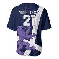 Navy rugby baseball jersey back with white stripe, 'YOUR TEXT 27', purple lion graphic