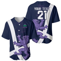 Navy rugby baseball jersey set, front and back views with white stripe and purple lion print