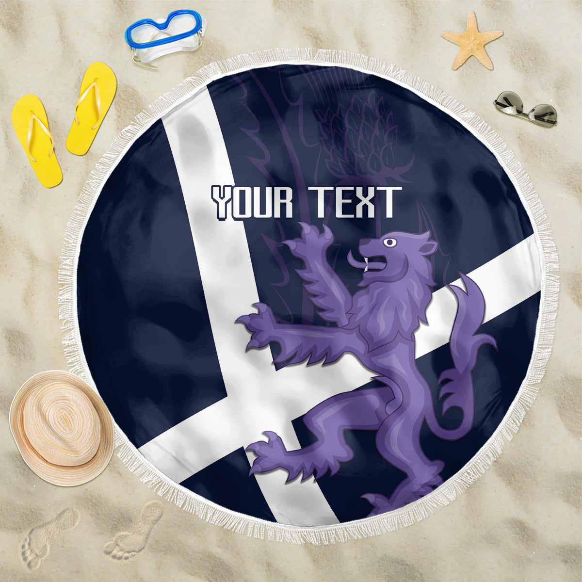Navy round beach blanket with fringe edge, Scottish flag lion and thistle print