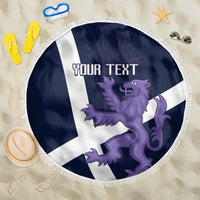 Navy round beach blanket with fringe edge, Scottish flag lion and thistle print
