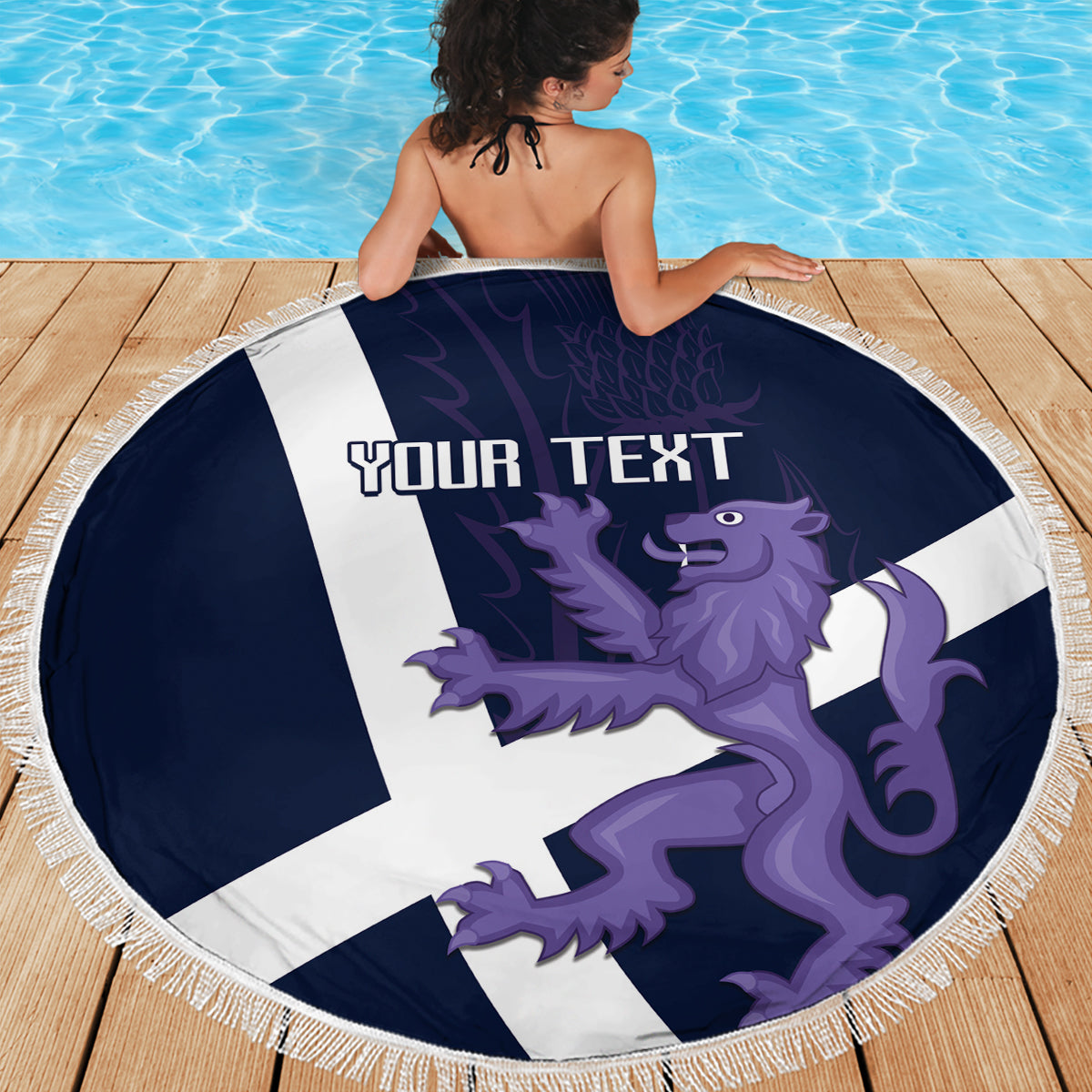 Navy round beach blanket with fringe edge, Scottish flag lion and thistle graphic