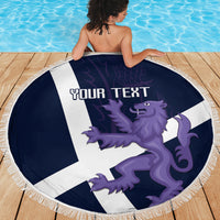 Navy round beach blanket with fringe edge, Scottish flag lion and thistle graphic