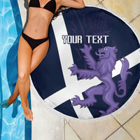 Navy round beach blanket with fringe edge, Scottish flag lion and thistle artwork