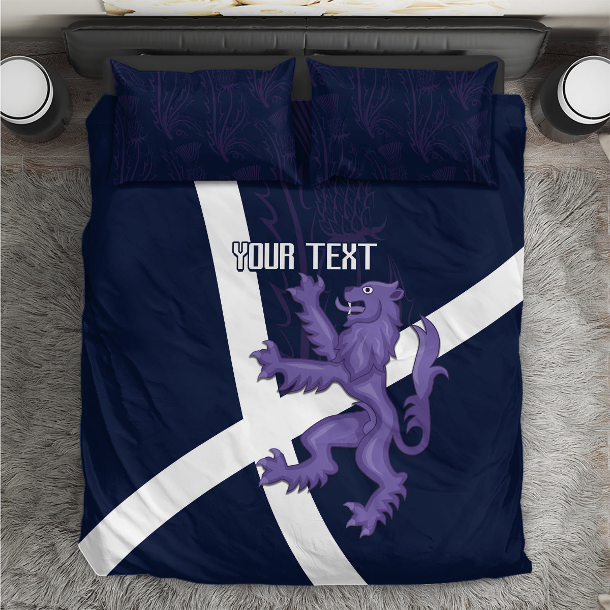 Navy bedding set with white Scottish cross and purple lion graphic; 2 matching pillowcases
