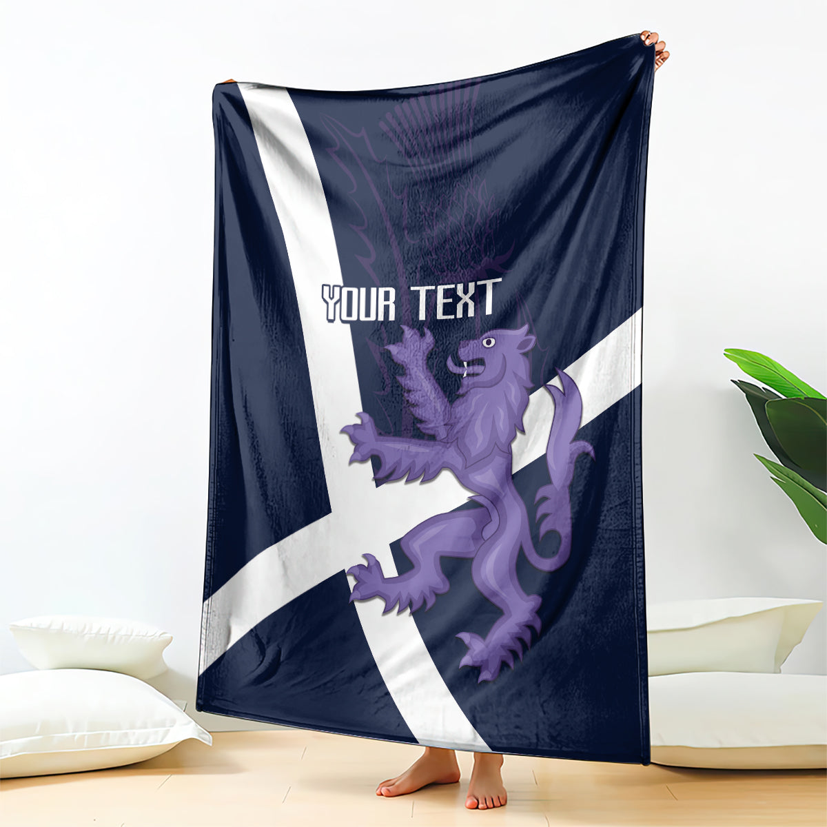 Navy rugby blanket with white cross, purple lion graphic and customizable text