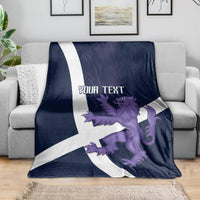 Navy rugby blanket with white cross, purple lion graphic and customizable text