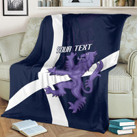 Navy rugby blanket with white cross and purple lion graphic, customizable text