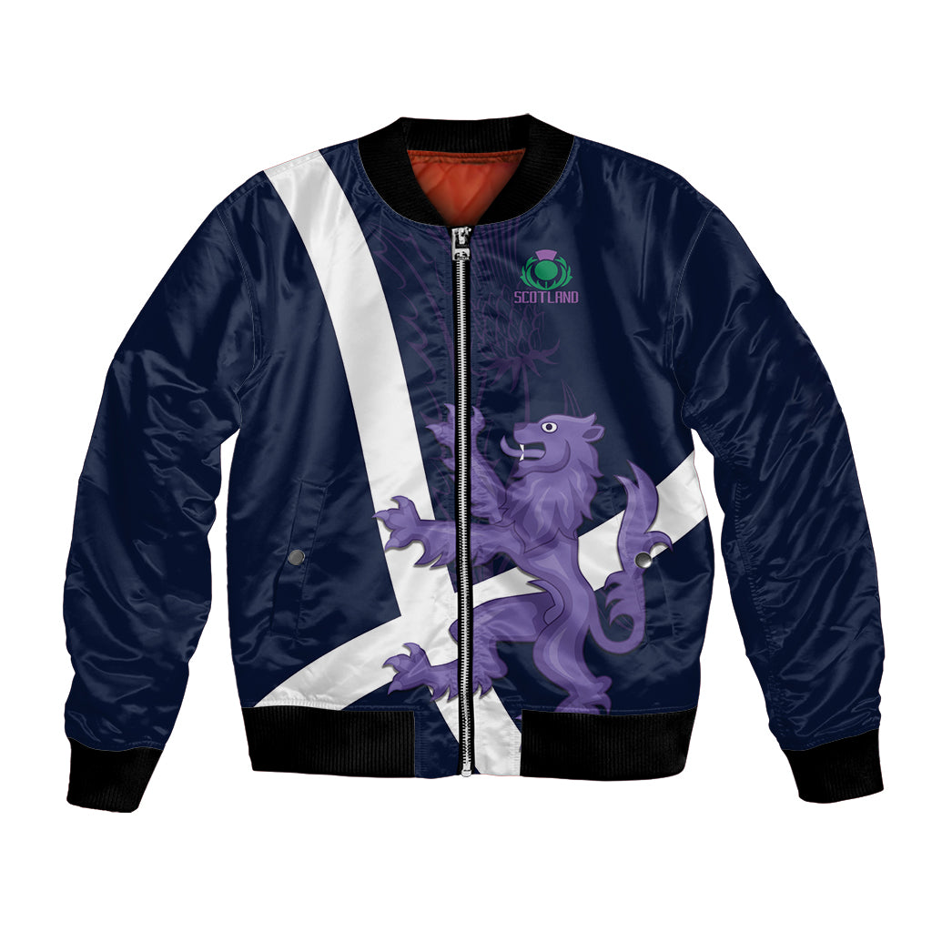 Navy bomber jacket with front zipper, white diagonal stripe, Scotland lion graphic