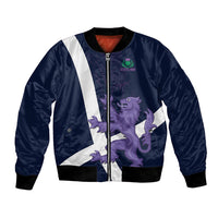 Navy bomber jacket with front zipper, white diagonal stripe, Scotland lion graphic