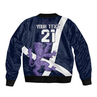 Navy bomber jacket back with YOUR TEXT 21 and purple lion on white stripe