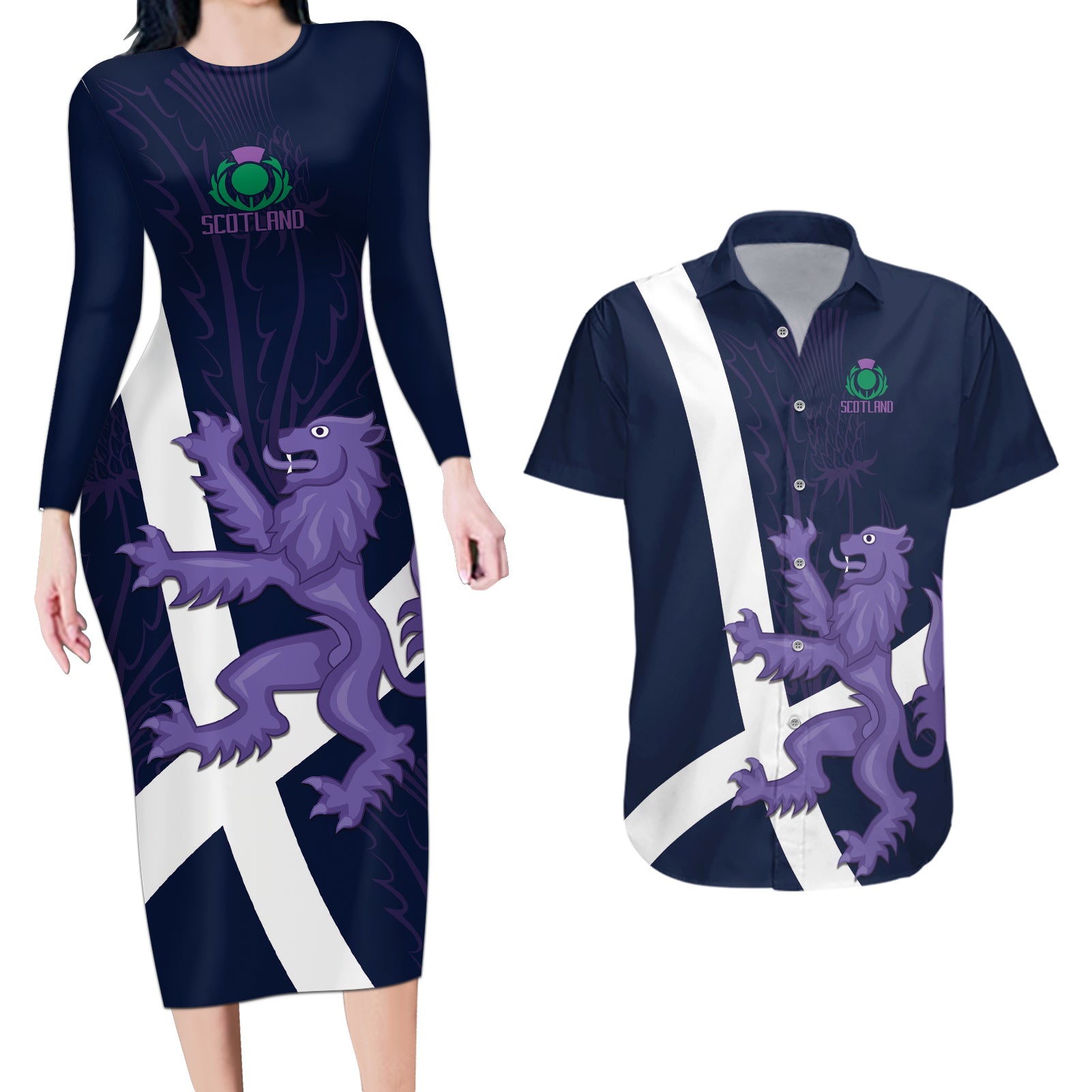 Custom Scotland Rugby Couples Matching Long Sleeve Bodycon Dress and Hawaiian Shirt Scottish Lion and Thistle LT9 - Wonder Print Shop