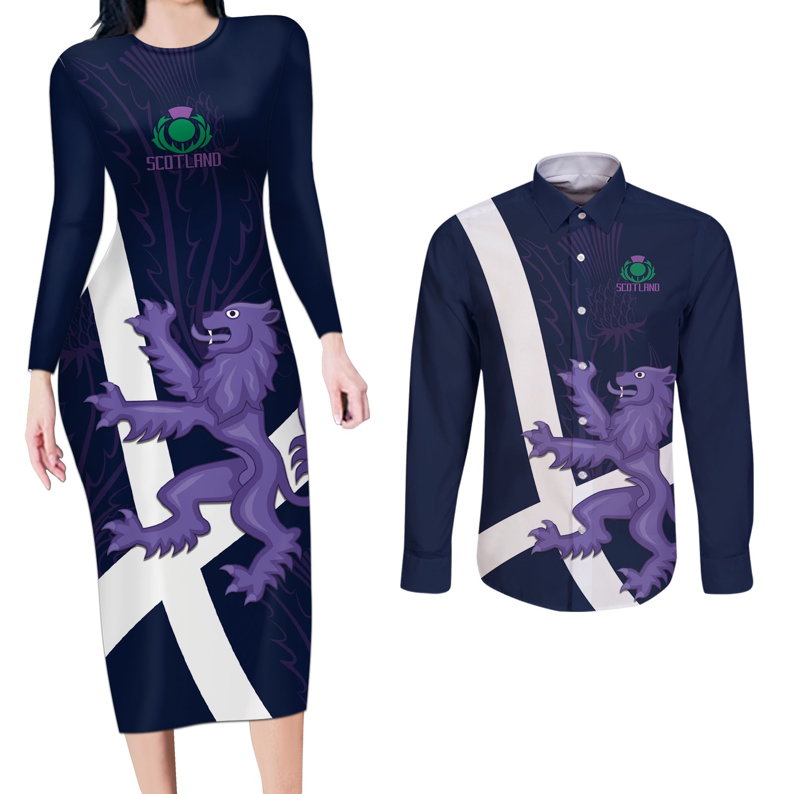 Custom Scotland Rugby Couples Matching Long Sleeve Bodycon Dress and Long Sleeve Button Shirt Scottish Lion and Thistle LT9 - Wonder Print Shop