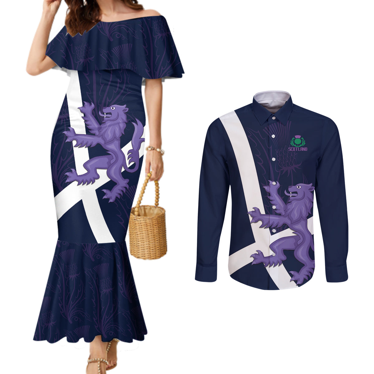 Custom Scotland Rugby Couples Matching Mermaid Dress and Long Sleeve Button Shirt Scottish Lion and Thistle