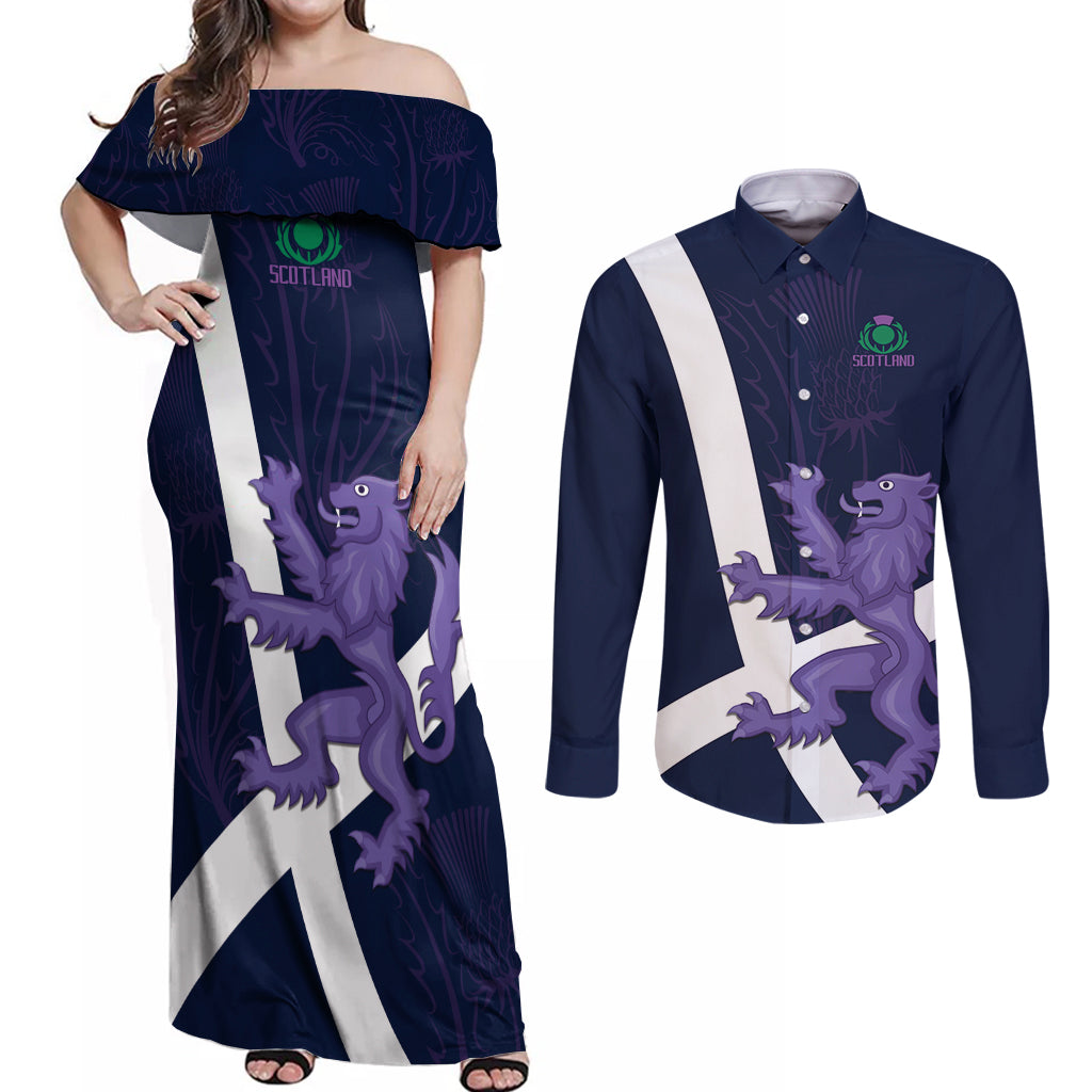 Custom Scotland Rugby Couples Matching Off Shoulder Maxi Dress and Long Sleeve Button Shirt Scottish Lion and Thistle LT9 - Wonder Print Shop