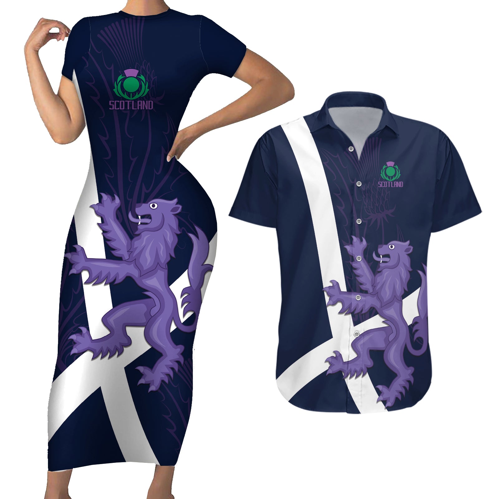 Custom Scotland Rugby Couples Matching Short Sleeve Bodycon Dress and Hawaiian Shirt Scottish Lion and Thistle LT9 - Wonder Print Shop