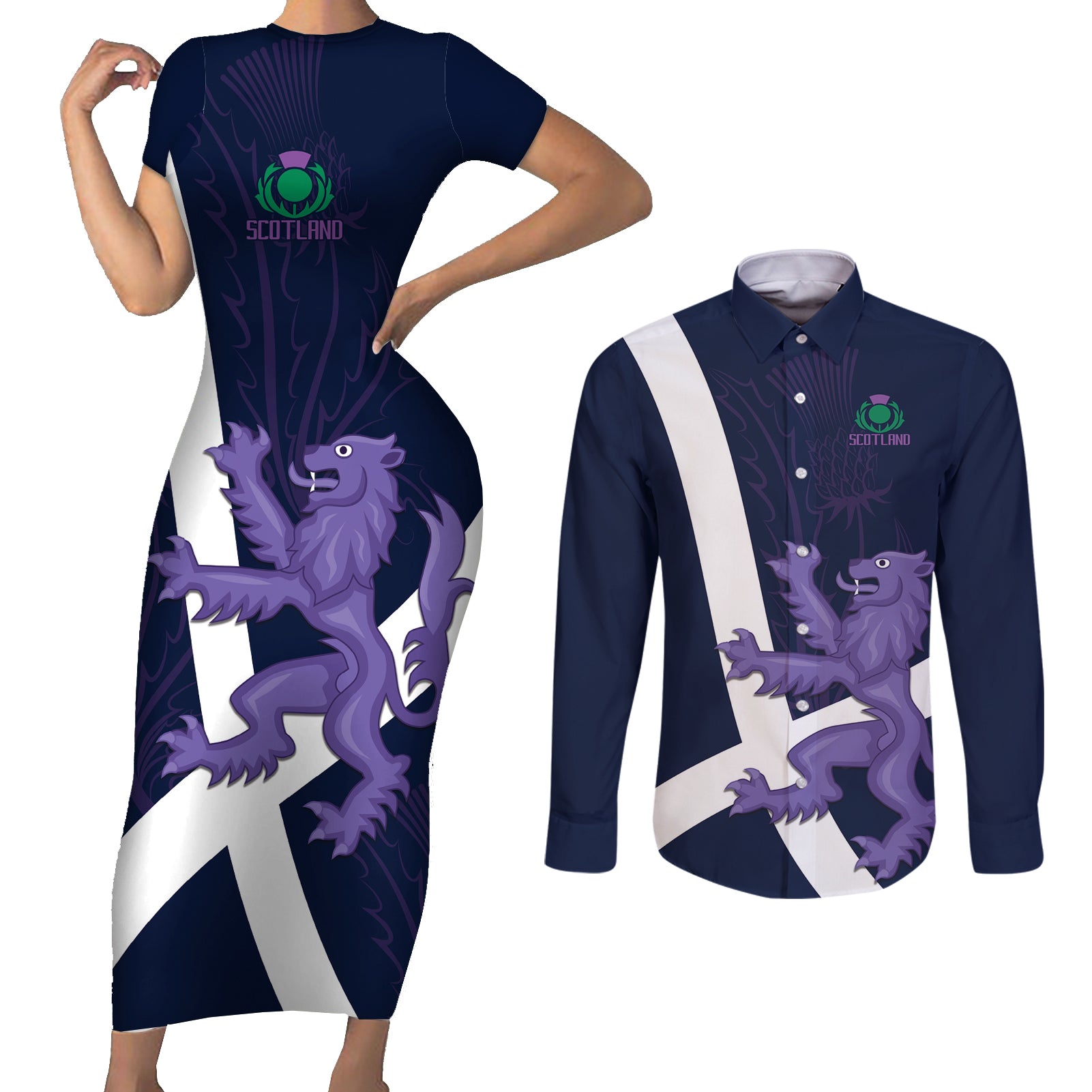 Custom Scotland Rugby Couples Matching Short Sleeve Bodycon Dress and Long Sleeve Button Shirt Scottish Lion and Thistle LT9 - Wonder Print Shop