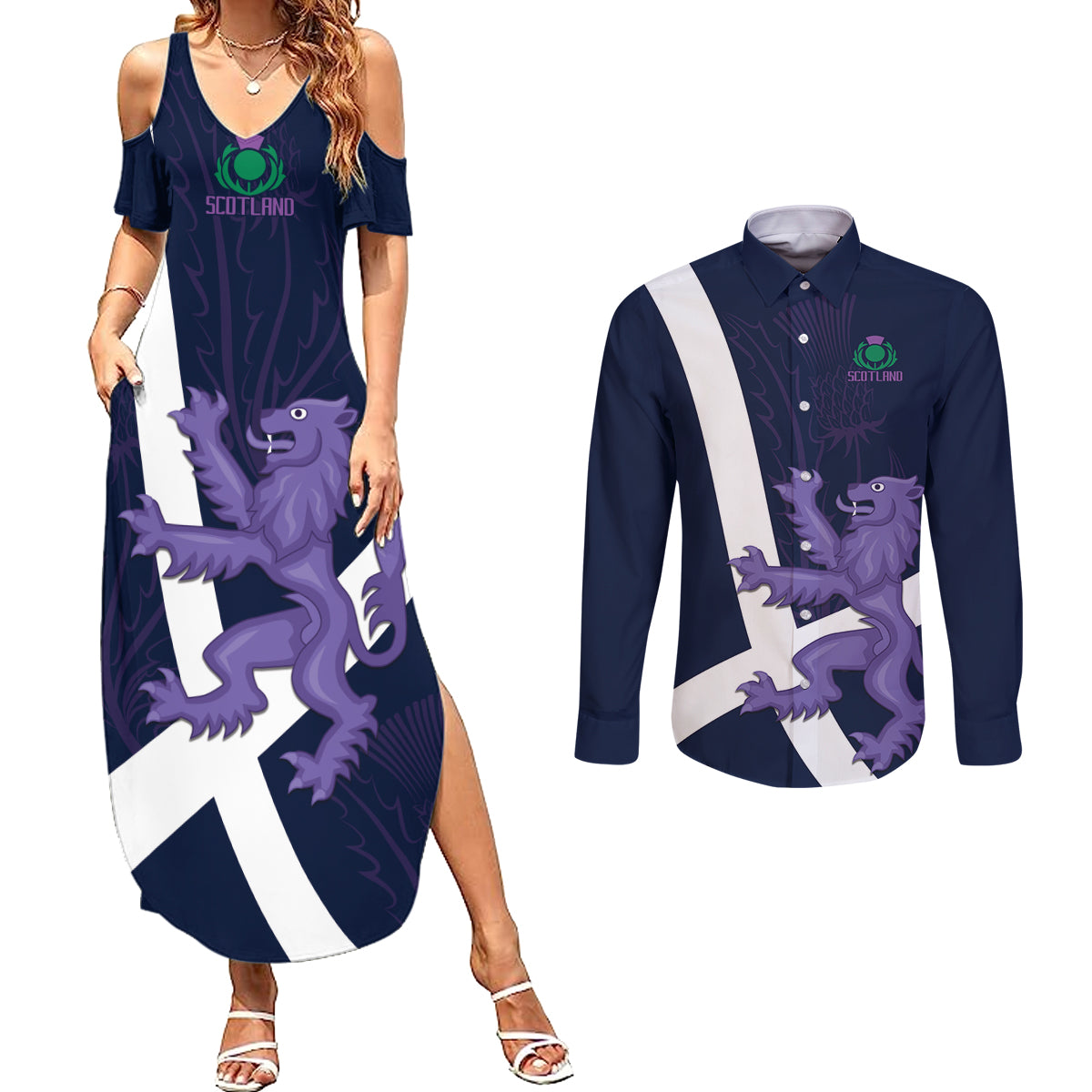 Custom Scotland Rugby Couples Matching Summer Maxi Dress and Long Sleeve Button Shirt Scottish Lion and Thistle LT9 - Wonder Print Shop