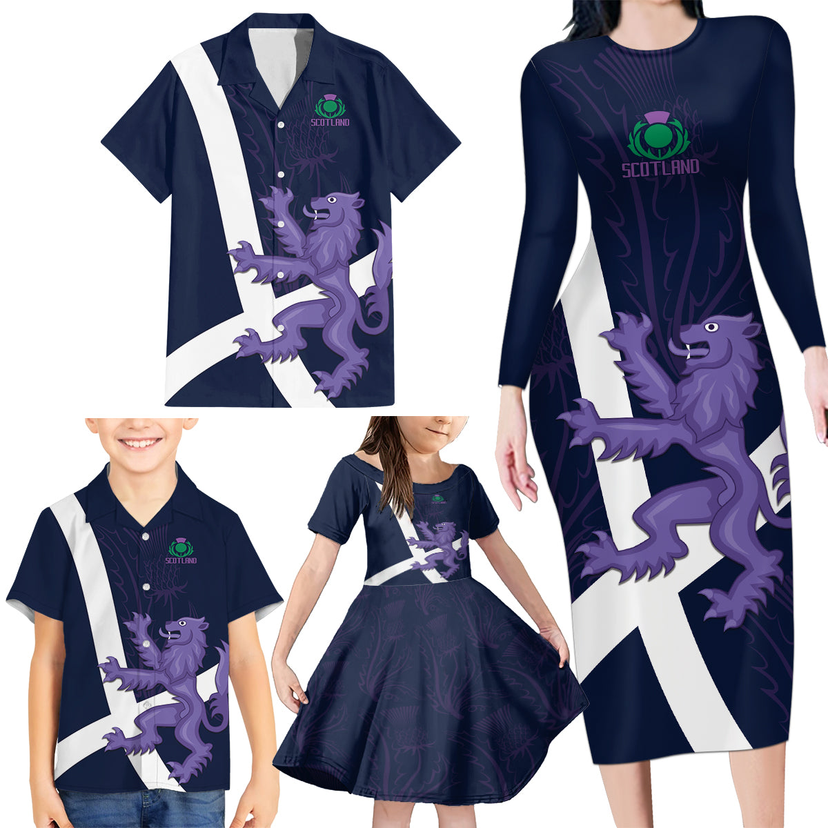 Custom Scotland Rugby Family Matching Long Sleeve Bodycon Dress and Hawaiian Shirt Scottish Lion and Thistle LT9 - Wonder Print Shop