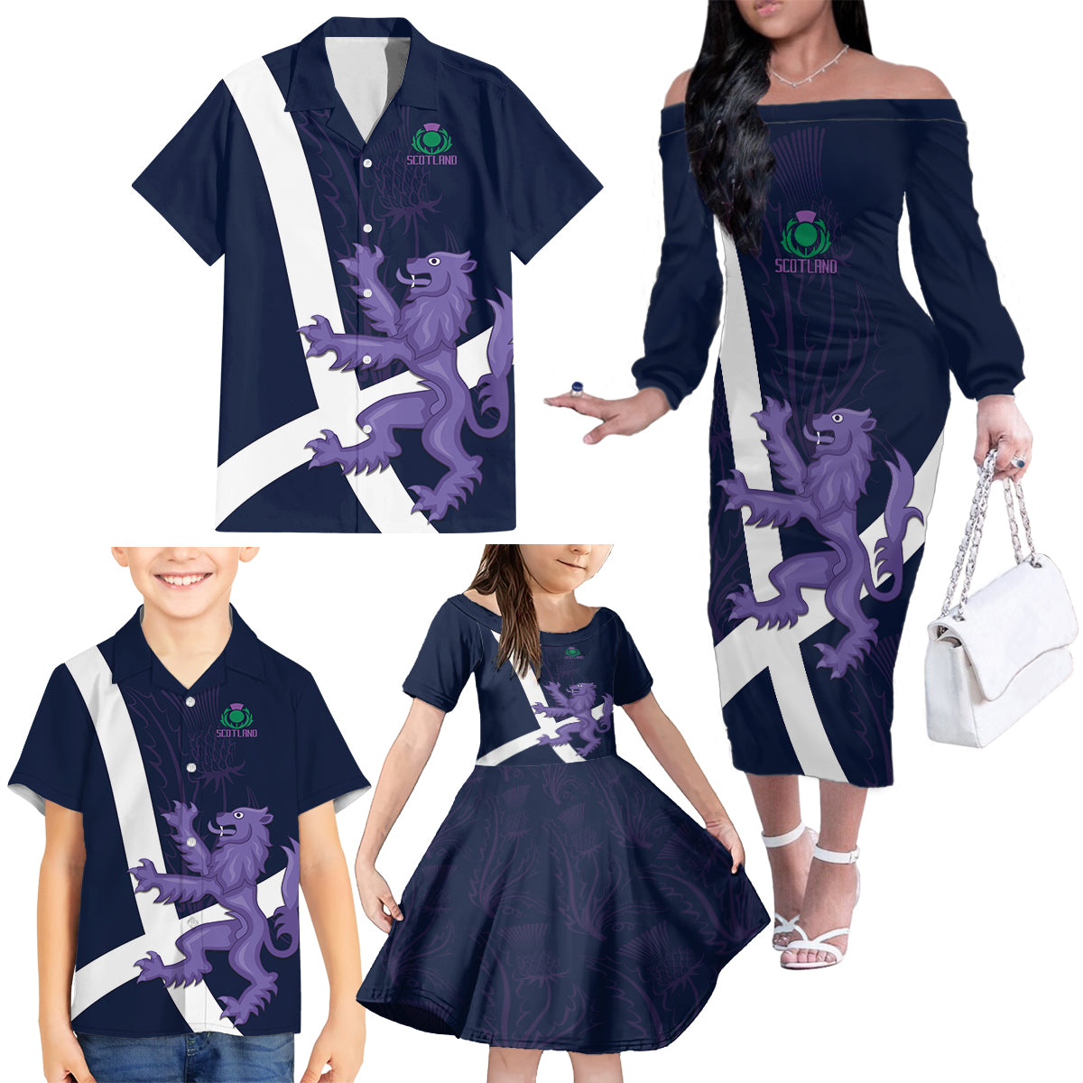 Custom Scotland Rugby Family Matching Off Shoulder Long Sleeve Dress and Hawaiian Shirt Scottish Lion and Thistle - Wonder Print Shop