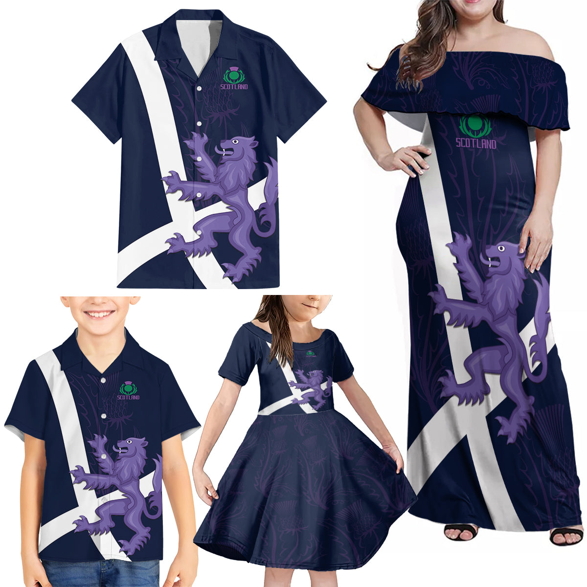 Custom Scotland Rugby Family Matching Off Shoulder Maxi Dress and Hawaiian Shirt Scottish Lion and Thistle LT9 - Wonder Print Shop