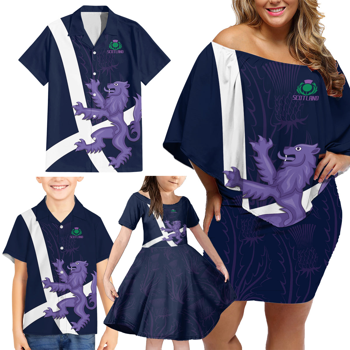 Custom Scotland Rugby Family Matching Off Shoulder Short Dress and Hawaiian Shirt Scottish Lion and Thistle LT9 - Wonder Print Shop