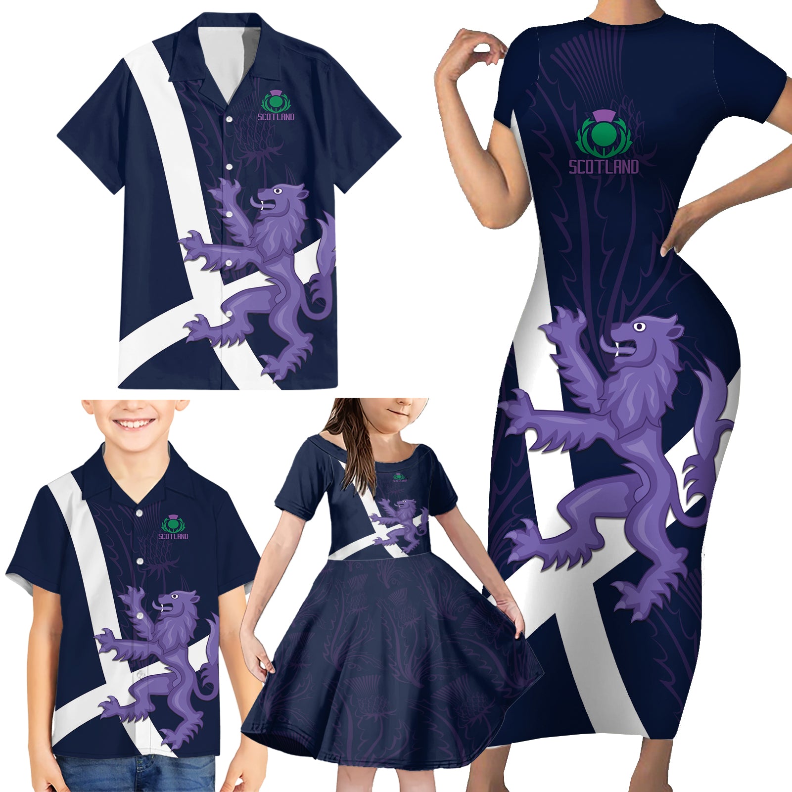 Custom Scotland Rugby Family Matching Short Sleeve Bodycon Dress and Hawaiian Shirt Scottish Lion and Thistle - Wonder Print Shop