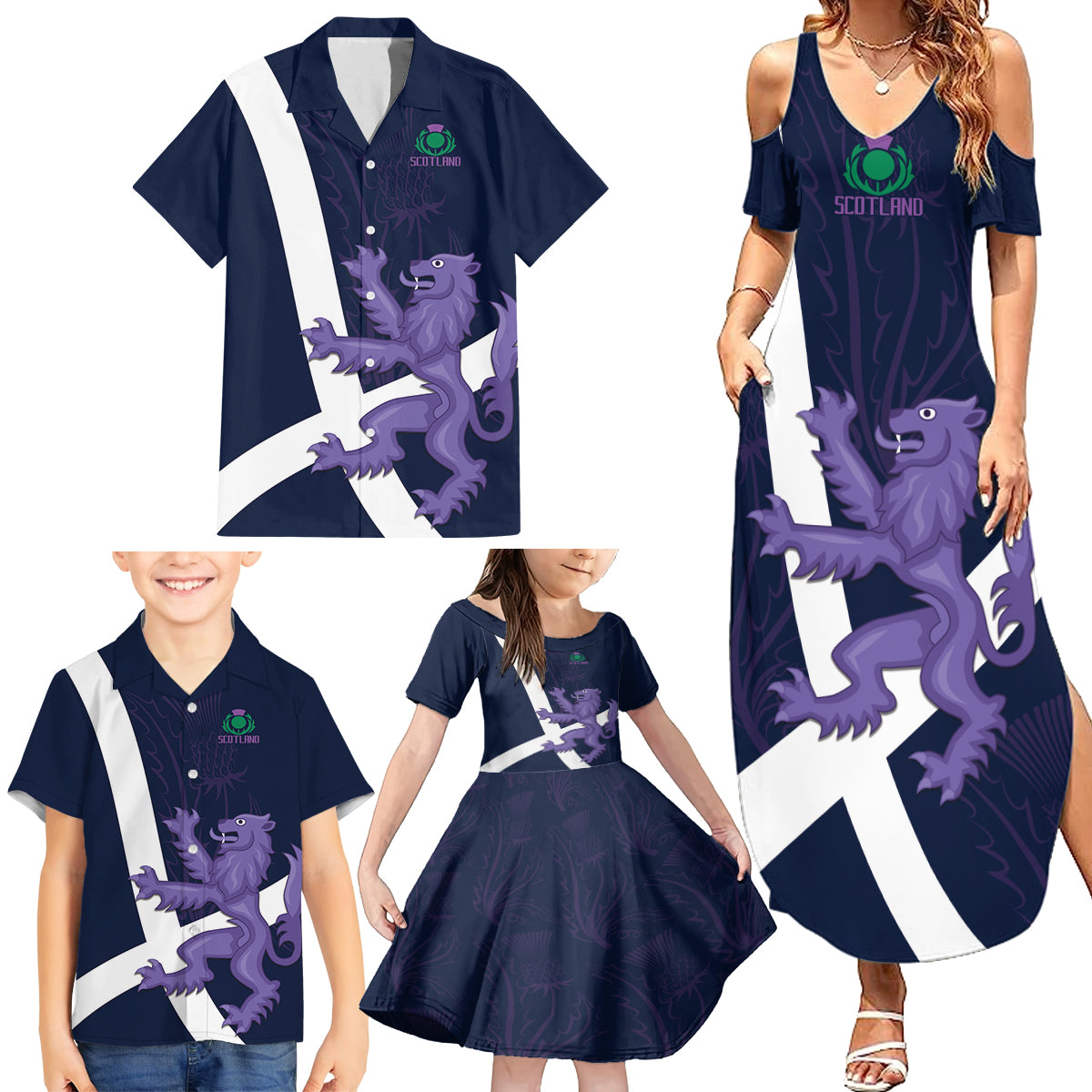 Custom Scotland Rugby Family Matching Summer Maxi Dress and Hawaiian Shirt Scottish Lion and Thistle - Wonder Print Shop