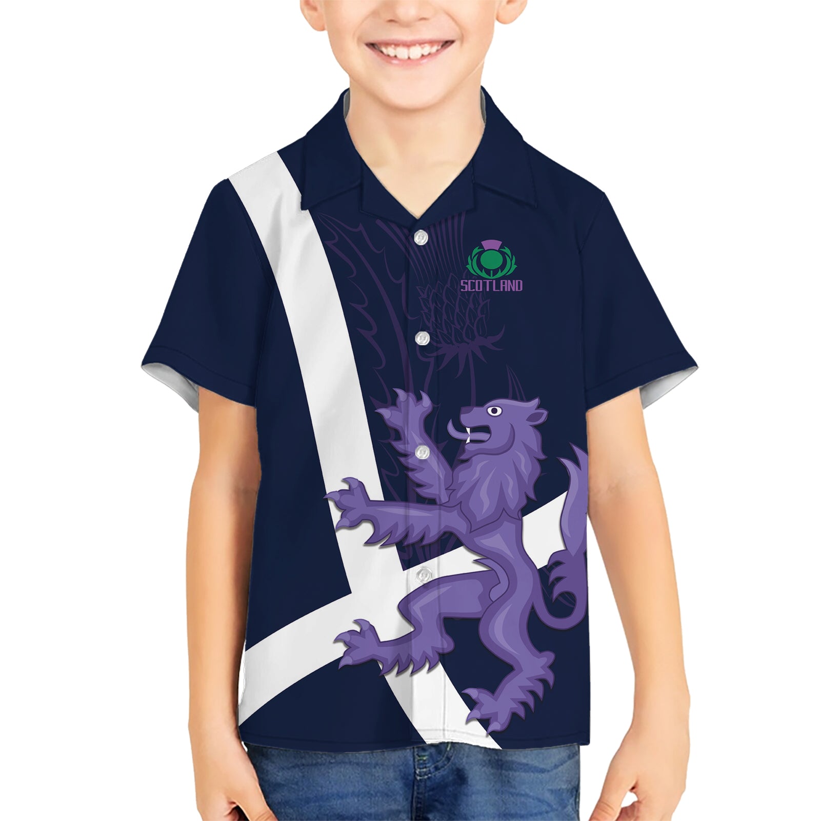 Custom Scotland Rugby Kid Hawaiian Shirt Scottish Lion and Thistle - Wonder Print Shop