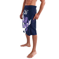 Navy rugby shorts with custom 21 and lion graphic, angled side view