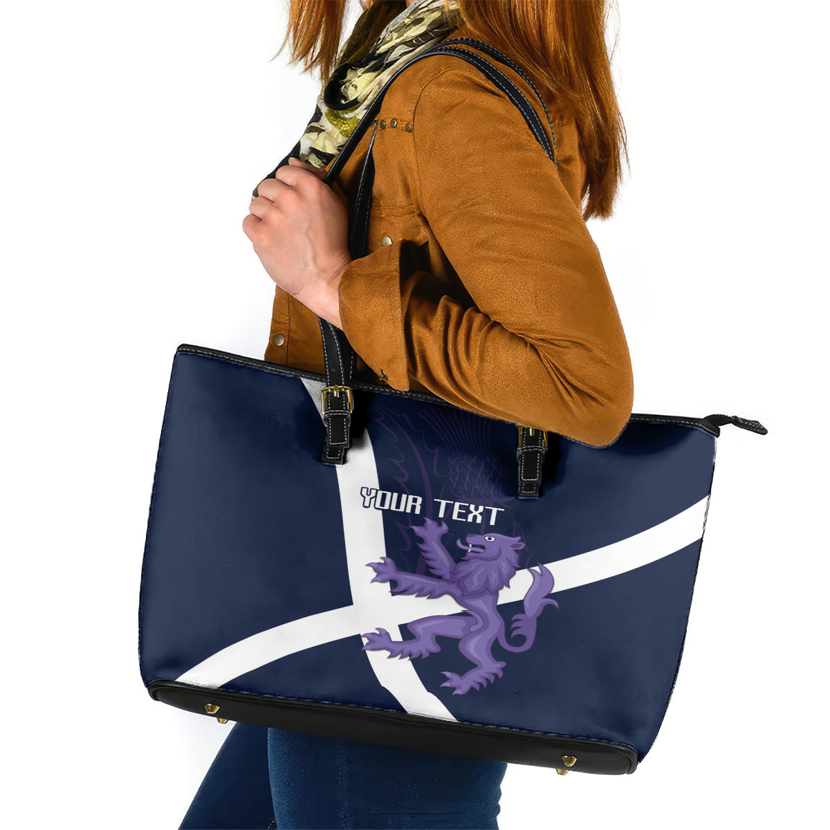 Custom Scotland Rugby Leather Tote Bag Scottish Lion and Thistle - Wonder Print Shop