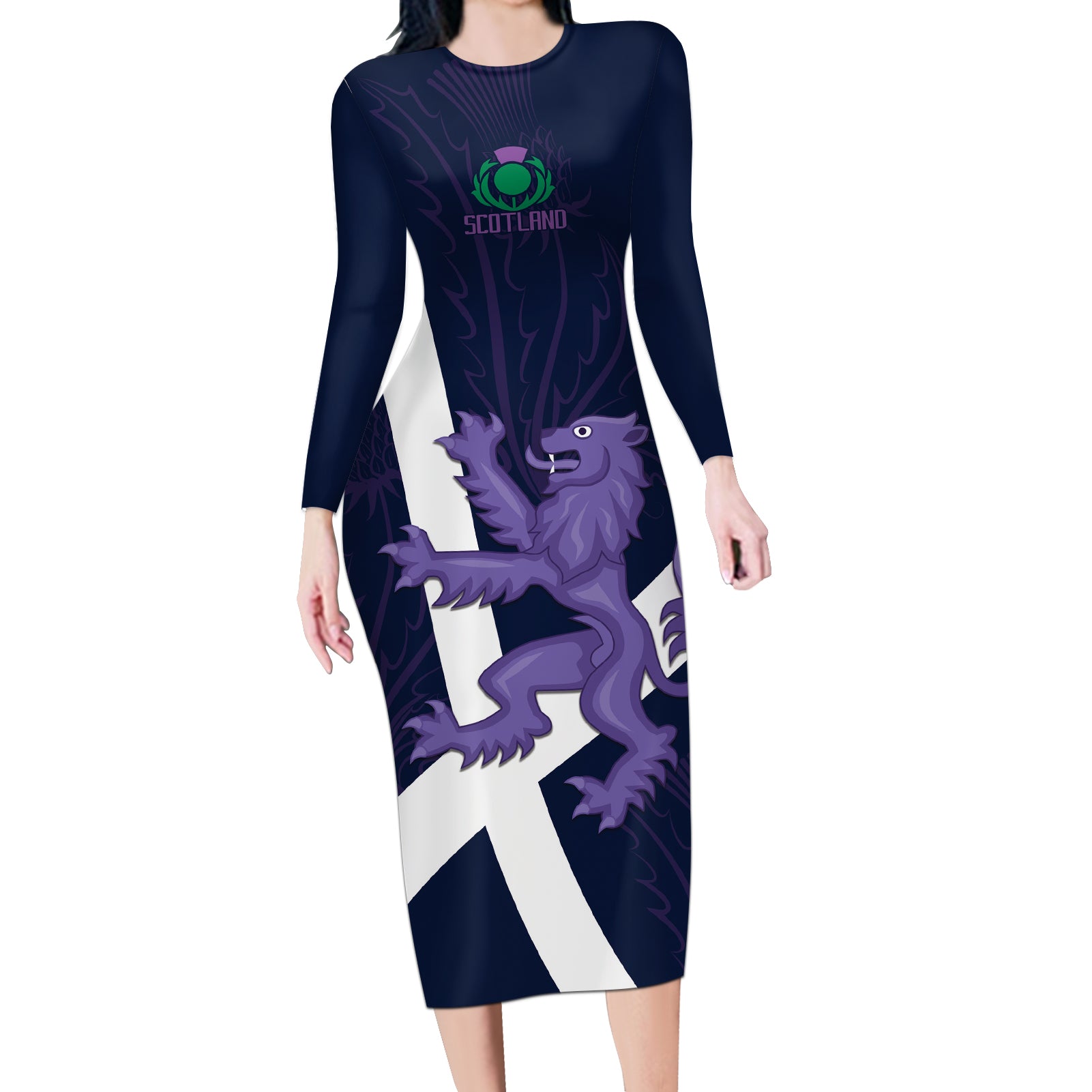 Custom Scotland Rugby Long Sleeve Bodycon Dress Scottish Lion and Thistle - Wonder Print Shop