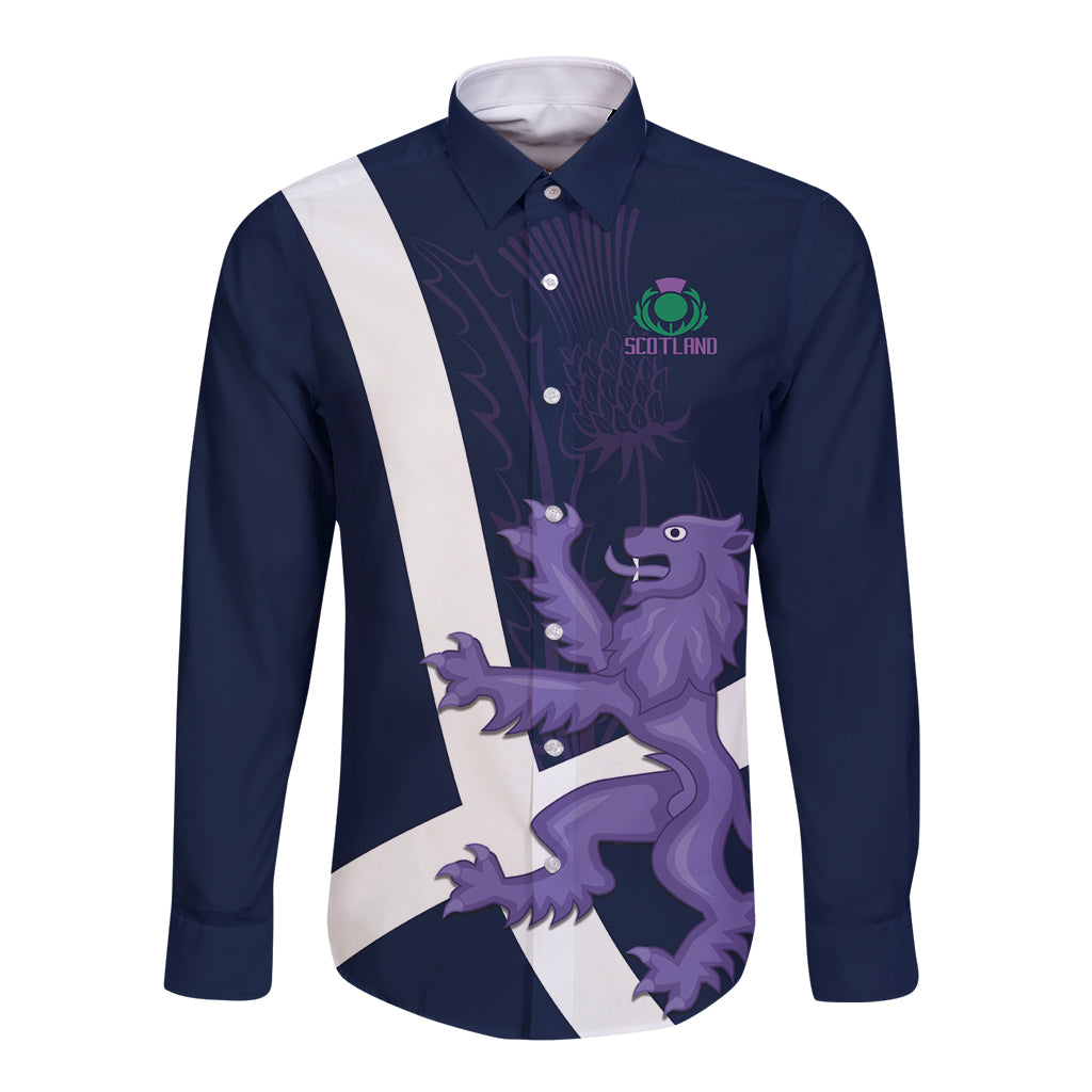 Navy long-sleeve button shirt with white diagonal stripe and purple Scottish lion graphic