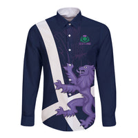 Navy long-sleeve button shirt with white diagonal stripe and purple Scottish lion graphic