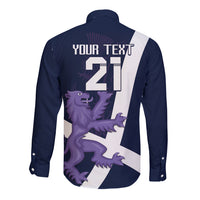 Back of navy long-sleeve button shirt with white stripe and custom text/number 21 print