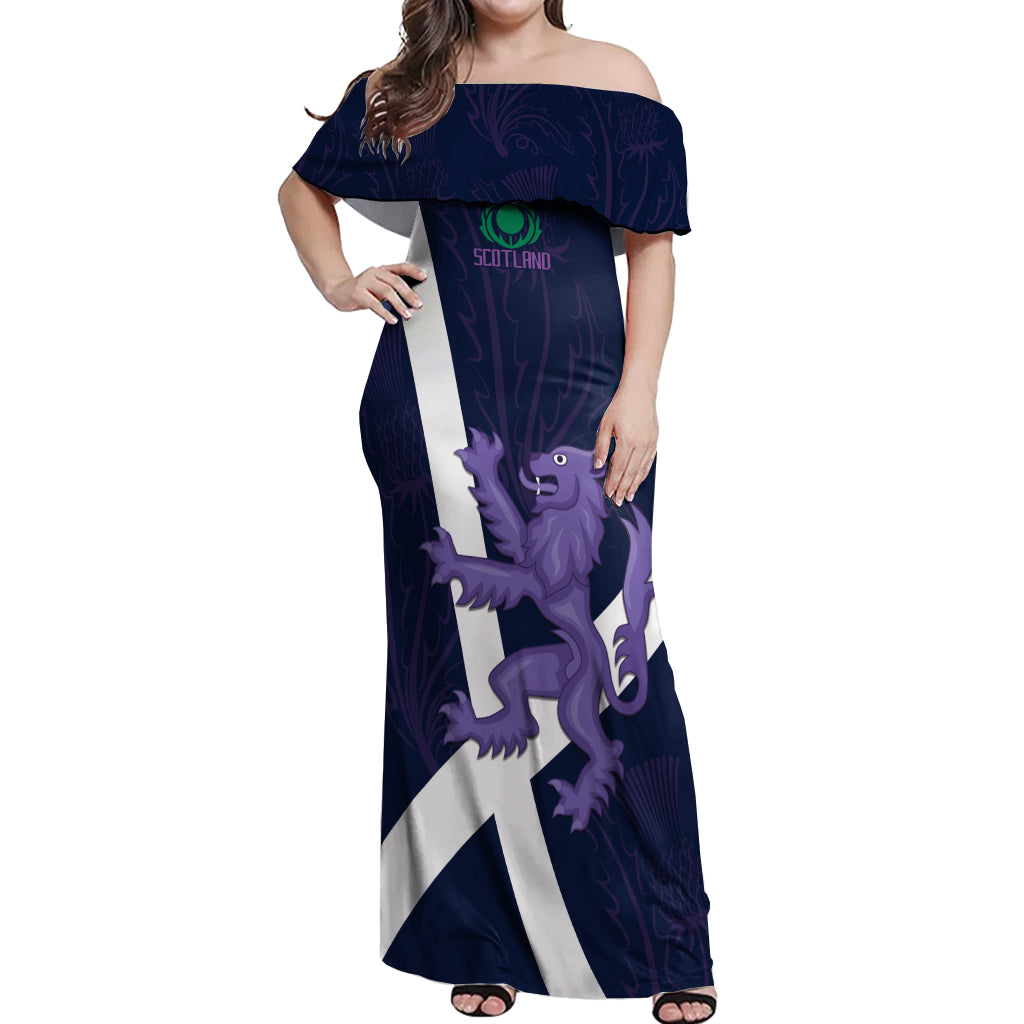 Custom Scotland Rugby Off Shoulder Maxi Dress Scottish Lion and Thistle - Wonder Print Shop