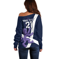 Navy off-shoulder rugby sweater showing back text 'YOUR TEXT 21' with lion graphic