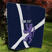 Navy quilt with white diagonal cross border and purple lion graphic, “YOUR TEXT”