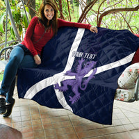 Navy outdoor quilt with white diagonal cross and purple lion print, “YOUR TEXT”