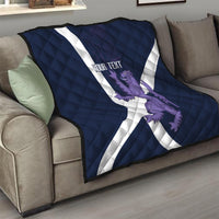 Navy sofa quilt with white diagonal cross and purple lion graphic, “YOUR TEXT”