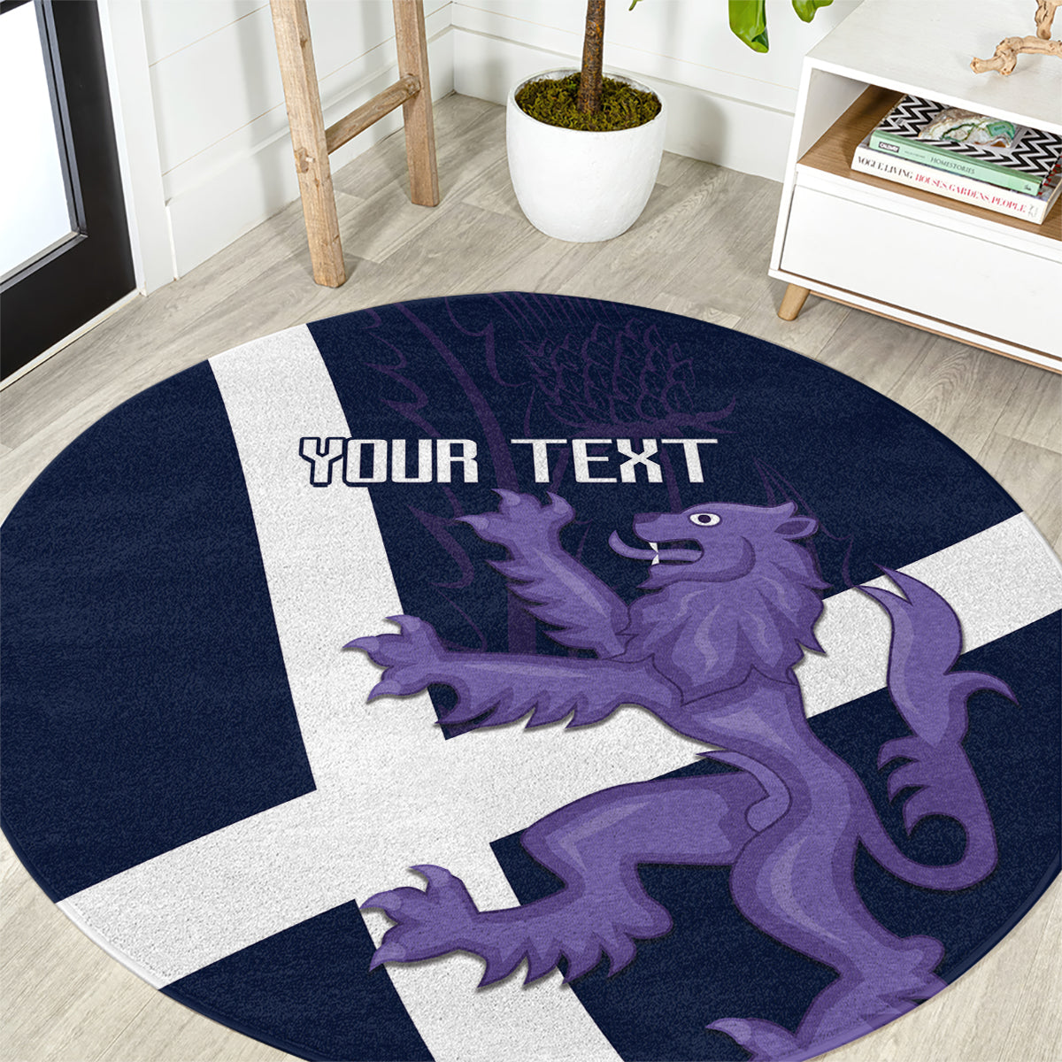 Navy round rug with white Scottish cross and purple lion graphic, 'YOUR TEXT' in center