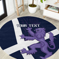 Navy round rug with white Scottish cross and purple lion graphic, 'YOUR TEXT' in center