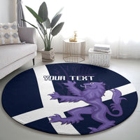 Navy round rug with white Scottish cross and purple lion graphic, 'YOUR TEXT' centered
