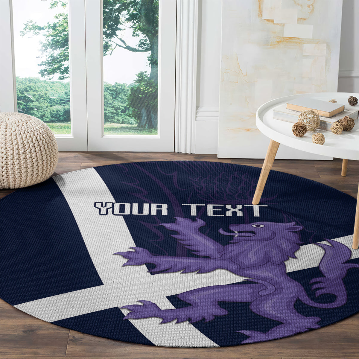 Navy round rug with white Scottish cross and purple lion graphic, 'YOUR TEXT' on front