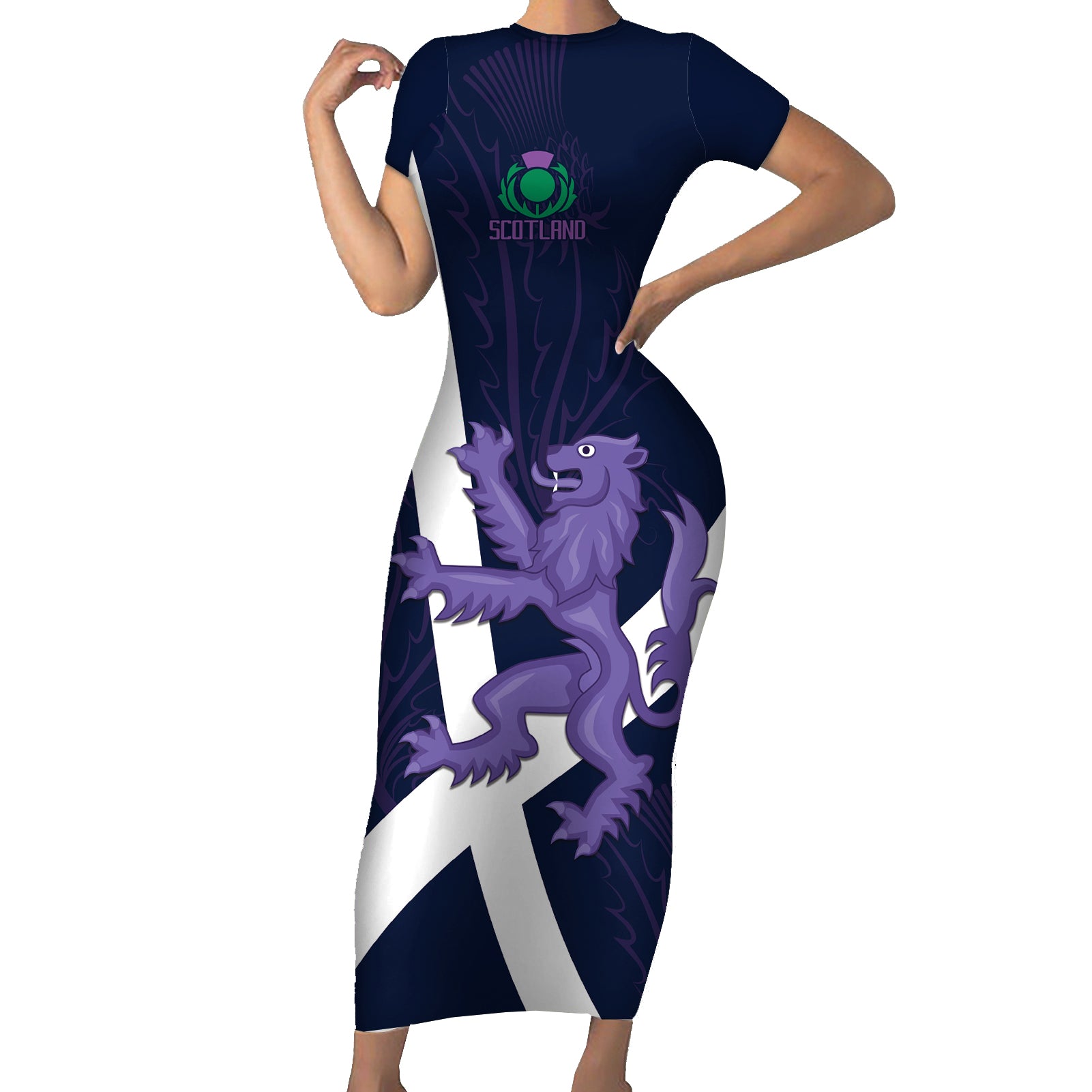 Custom Scotland Rugby Short Sleeve Bodycon Dress Scottish Lion and Thistle