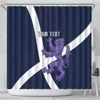 Navy shower curtain with pleated drape, white diagonal stripes, purple lion and 'YOUR TEXT'