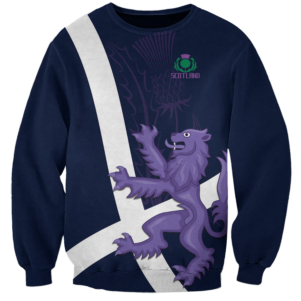 Navy rugby sweatshirt with front Scottish lion graphic and Scotland crest