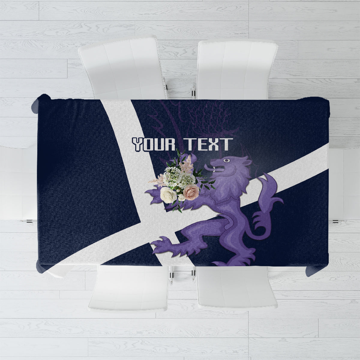 Navy tablecloth with white diagonal stripes and purple lion graphic, custom text panel