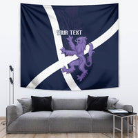 Custom Scotland rugby tapestry featuring navy fabric, white saltire, and purple lion with 'YOUR TEXT'.