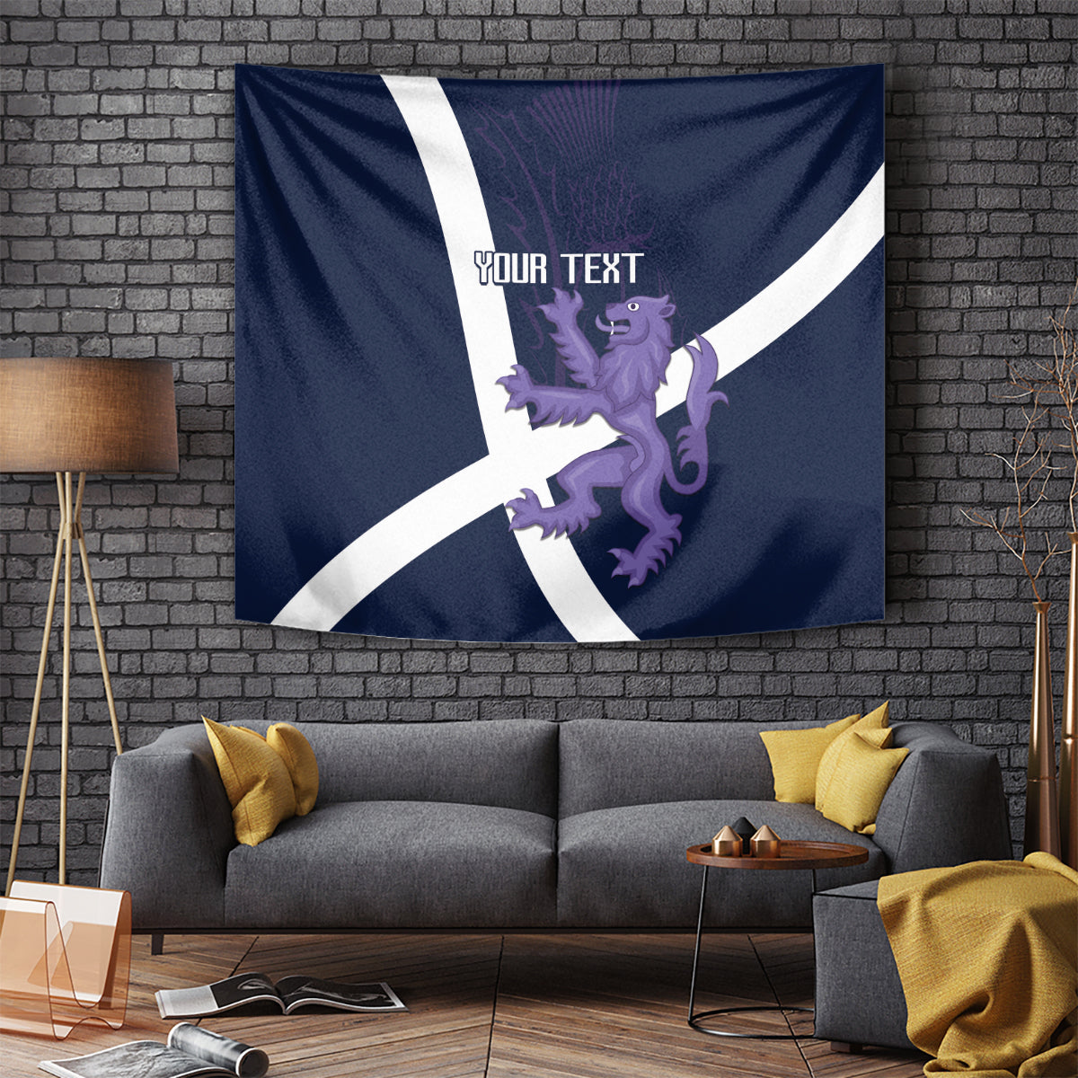 Custom Scotland rugby tapestry on wall: navy with white diagonal saltire, purple lion, 'YOUR TEXT'.